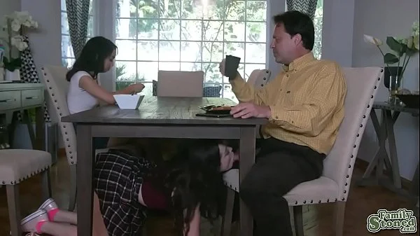 Bestie watching Aliya Brynn under the table as she sucks her stepdad